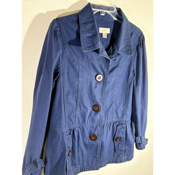 Loft Blue Jean Trench Style Jacket Large Women’s Brown Buttons, Cotton Buckle SL - Picture 1 of 11